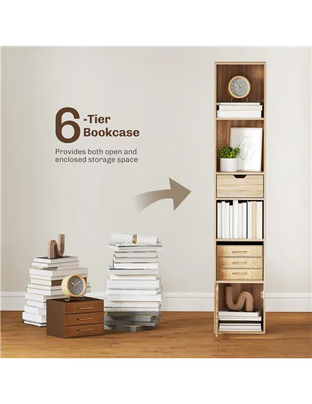 HOMCOM 6-Tier Bookcase, Tall Narrow Bookshelf with Drawer and Door - Natural Wood Finish