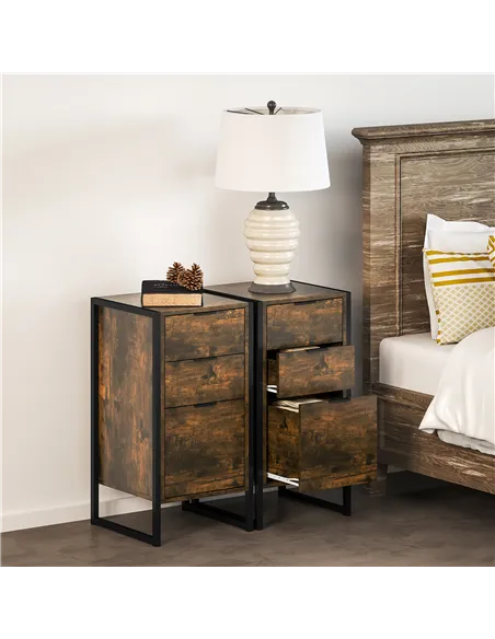 HOMCOM Bedroom Chest of Drawers Set of 2, Industrial 3-Drawer Dresser, Storage Drawers Unit with Metal Frame for Living Room, Ru