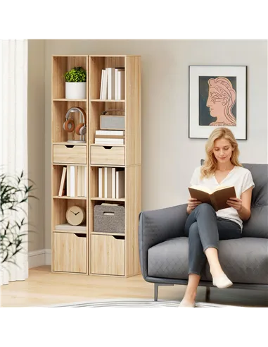HOMCOM 6-Tier Bookcase, Tall Narrow Bookshelf with Drawer and Door - Natural Wood Finish