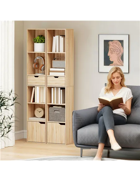 HOMCOM 6-Tier Bookcase, Tall Narrow Bookshelf with Drawer and Door - Natural Wood Finish