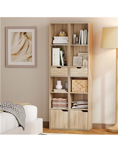 HOMCOM 6-Tier Bookcase, Tall Narrow Bookshelf with Drawer and Door - Natural Wood Finish