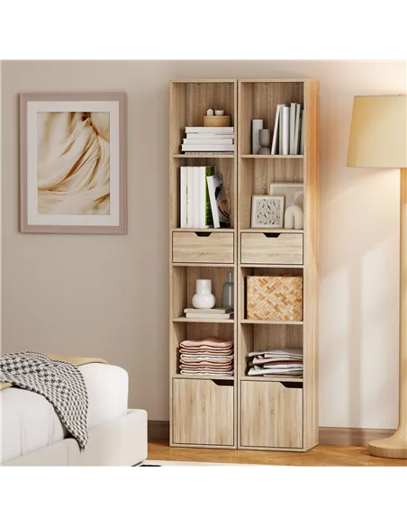HOMCOM 6-Tier Bookcase, Tall Narrow Bookshelf with Drawer and Door - Natural Wood Finish