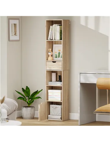 HOMCOM 6-Tier Bookcase, Tall Narrow Bookshelf with Drawer and Door - Natural Wood Finish