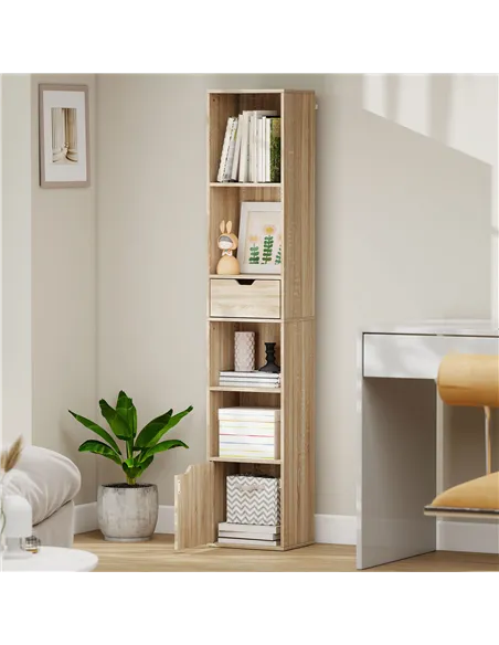 HOMCOM 6-Tier Bookcase, Tall Narrow Bookshelf with Drawer and Door - Natural Wood Finish