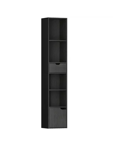 HOMCOM 6-Tier Bookcase, Tall Narrow Bookshelf with Drawer and Door - Black