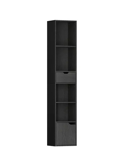 HOMCOM 6-Tier Bookcase, Tall Narrow Bookshelf with Drawer and Door - Black