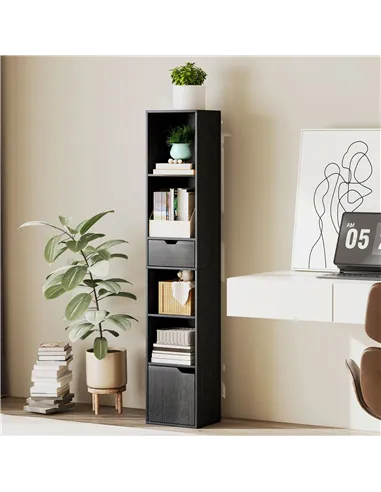 HOMCOM 6-Tier Bookcase, Tall Narrow Bookshelf with Drawer and Door - Black