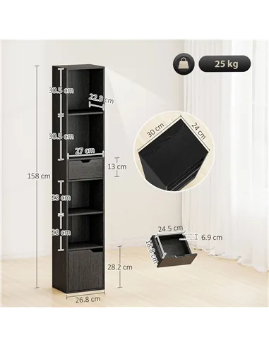 HOMCOM 6-Tier Bookcase, Tall Narrow Bookshelf with Drawer and Door - Black
