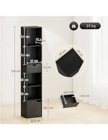 HOMCOM 6-Tier Bookcase, Tall Narrow Bookshelf with Drawer and Door - Black