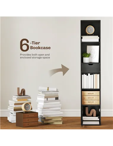HOMCOM 6-Tier Bookcase, Tall Narrow Bookshelf with Drawer and Door - Black