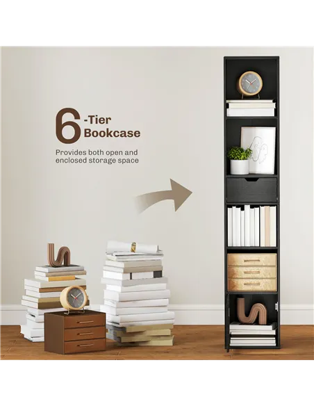 HOMCOM 6-Tier Bookcase, Tall Narrow Bookshelf with Drawer and Door - Black