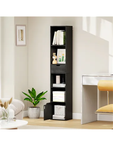 HOMCOM 6-Tier Bookcase, Tall Narrow Bookshelf with Drawer and Door - Black