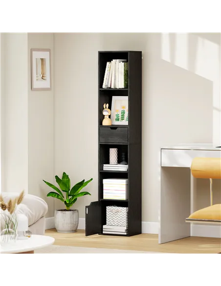 HOMCOM 6-Tier Bookcase, Tall Narrow Bookshelf with Drawer and Door - Black