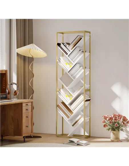 HOMCOM 10 Shelf Modern-Style Bookshelf - Gold Tone/White