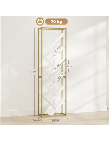 HOMCOM 10 Shelf Modern-Style Bookshelf - Gold Tone/White