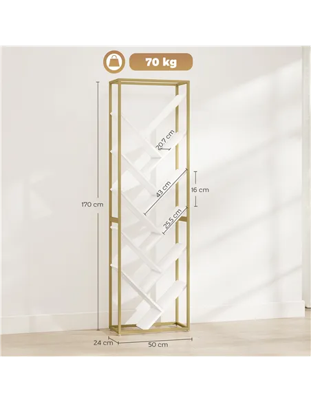 HOMCOM 10 Shelf Modern-Style Bookshelf - Gold Tone/White