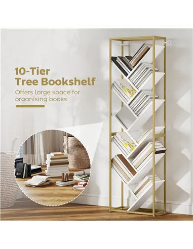 HOMCOM 10 Shelf Modern-Style Bookshelf - Gold Tone/White