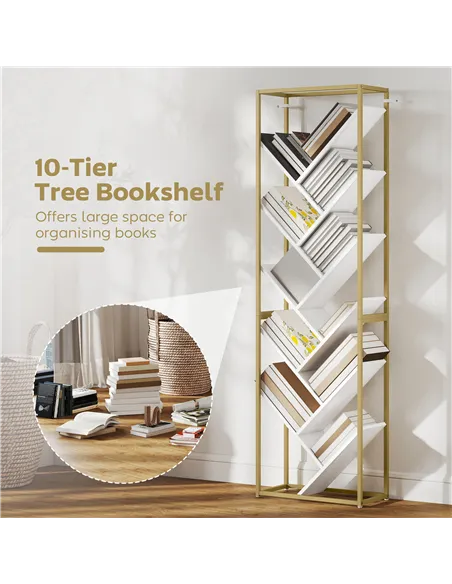 HOMCOM 10 Shelf Modern-Style Bookshelf - Gold Tone/White