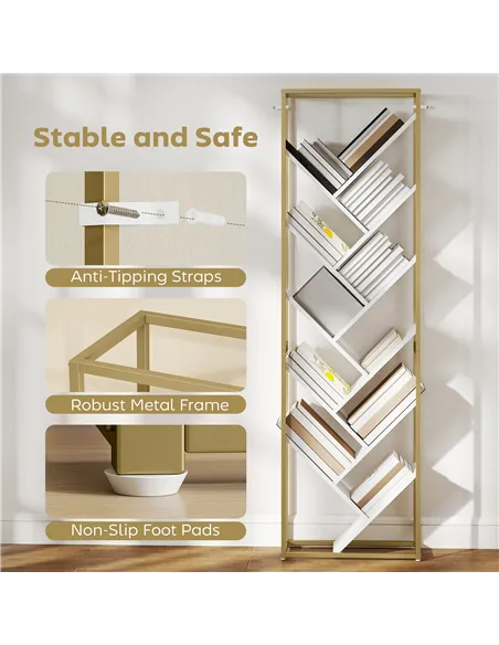 HOMCOM 10 Shelf Modern-Style Bookshelf - Gold Tone/White