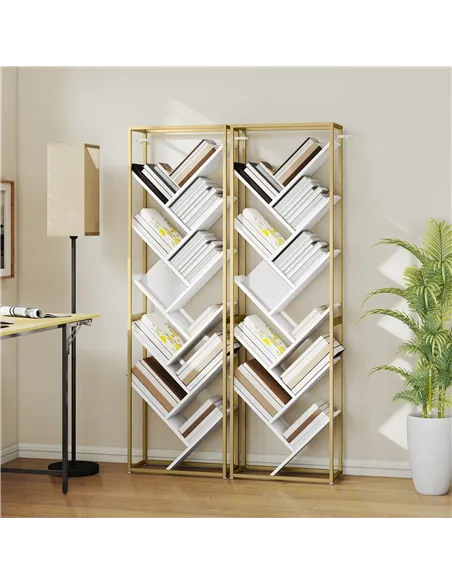 HOMCOM 10 Shelf Modern-Style Bookshelf - Gold Tone/White