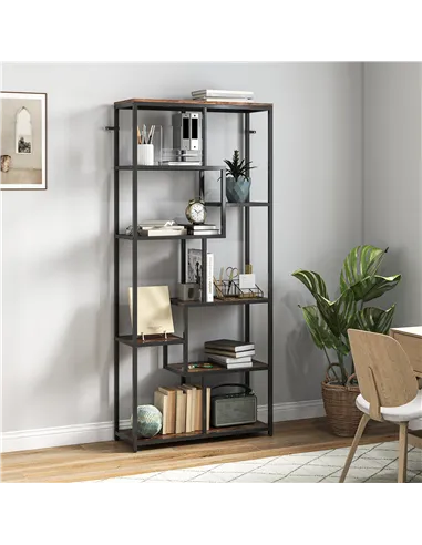 HOMCOM Seven-Tier Geometric Bookcase - Brown/Black