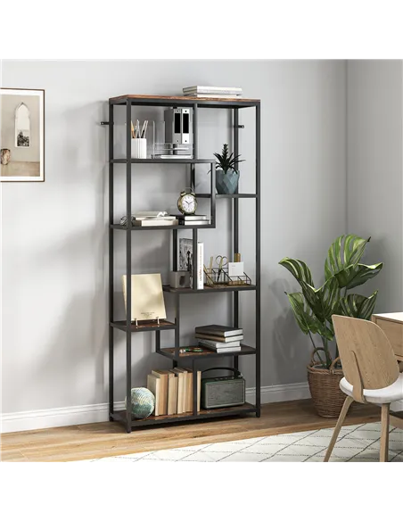 HOMCOM Seven-Tier Geometric Bookcase - Brown/Black