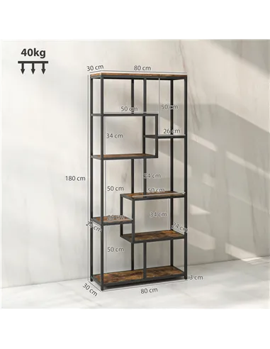 HOMCOM Seven-Tier Geometric Bookcase - Brown/Black
