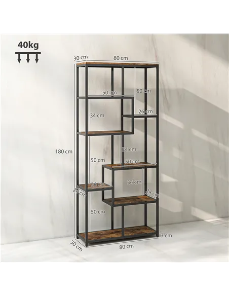 HOMCOM Seven-Tier Geometric Bookcase - Brown/Black