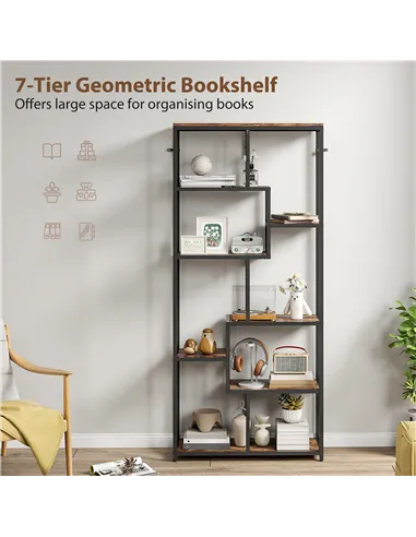 HOMCOM Seven-Tier Geometric Bookcase - Brown/Black