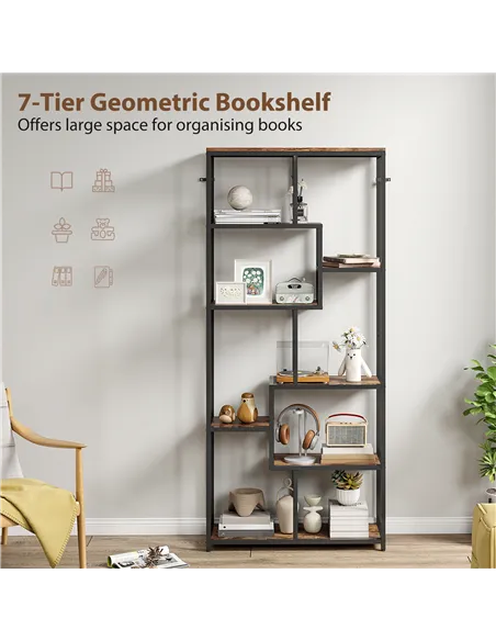 HOMCOM Seven-Tier Geometric Bookcase - Brown/Black