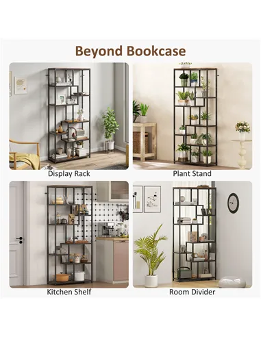 HOMCOM Seven-Tier Geometric Bookcase - Brown/Black