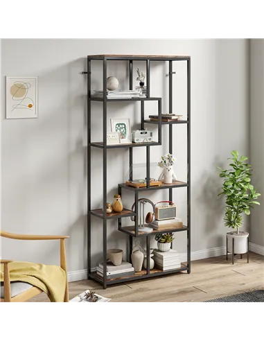 HOMCOM Seven-Tier Geometric Bookcase - Brown/Black