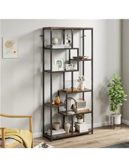 HOMCOM Seven-Tier Geometric Bookcase - Brown/Black