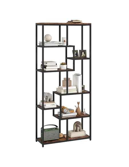 HOMCOM Seven-Tier Geometric Bookcase - Brown/Black