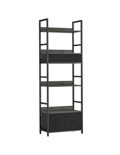 HOMCOM Industrial Style Bookcase, with 4 Shelves and 3 Fabric Drawers - Grey/Black