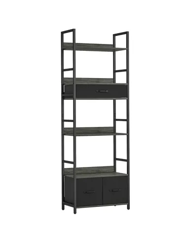HOMCOM Industrial Style Bookcase, with 4 Shelves and 3 Fabric Drawers - Grey/Black