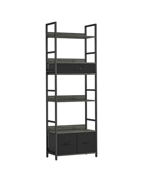 HOMCOM Industrial Style Bookcase, with 4 Shelves and 3 Fabric Drawers - Grey/Black