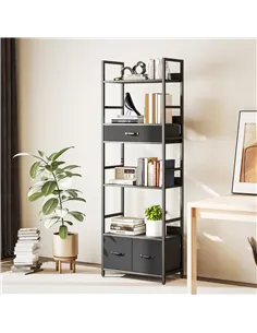HOMCOM Industrial Style Bookcase, with 4 Shelves and 3 Fabric Drawers - Grey/Black 2