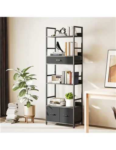 HOMCOM Industrial Style Bookcase, with 4 Shelves and 3 Fabric Drawers - Grey/Black