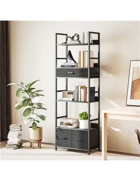 HOMCOM Industrial Style Bookcase, with 4 Shelves and 3 Fabric Drawers - Grey/Black