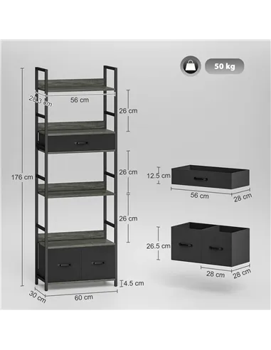 HOMCOM Industrial Style Bookcase, with 4 Shelves and 3 Fabric Drawers - Grey/Black