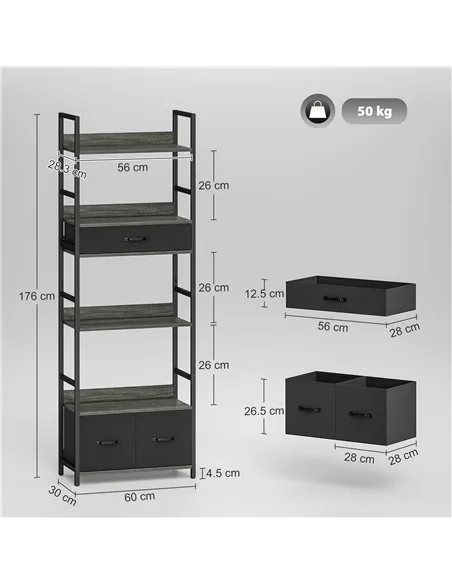 HOMCOM Industrial Style Bookcase, with 4 Shelves and 3 Fabric Drawers - Grey/Black
