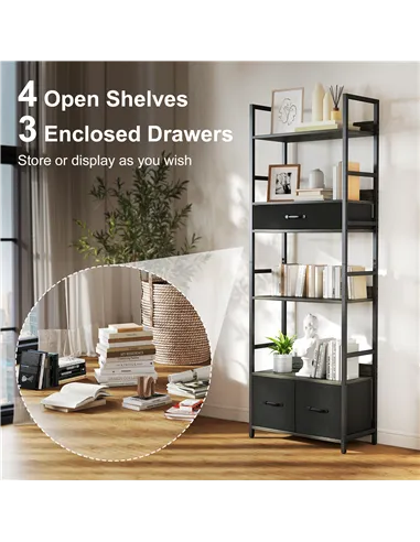 HOMCOM Industrial Style Bookcase, with 4 Shelves and 3 Fabric Drawers - Grey/Black