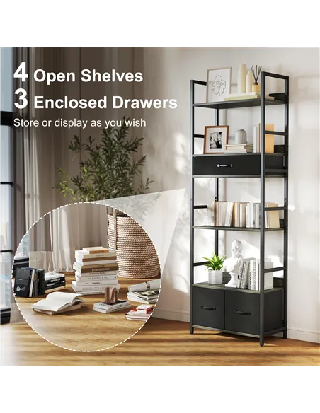 HOMCOM Industrial Style Bookcase, with 4 Shelves and 3 Fabric Drawers - Grey/Black
