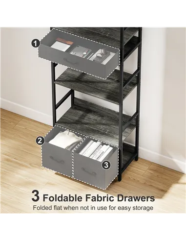 HOMCOM Industrial Style Bookcase, with 4 Shelves and 3 Fabric Drawers - Grey/Black