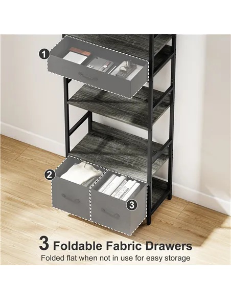 HOMCOM Industrial Style Bookcase, with 4 Shelves and 3 Fabric Drawers - Grey/Black