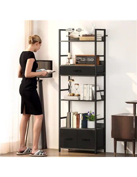 HOMCOM Industrial Style Bookcase, with 4 Shelves and 3 Fabric Drawers - Grey/Black