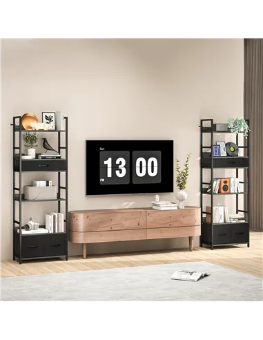 HOMCOM Industrial Style Bookcase, with 4 Shelves and 3 Fabric Drawers - Grey/Black