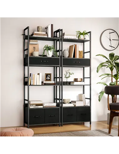 HOMCOM Industrial Style Bookcase, with 4 Shelves and 3 Fabric Drawers - Grey/Black