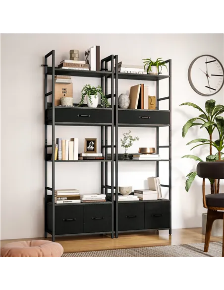 HOMCOM Industrial Style Bookcase, with 4 Shelves and 3 Fabric Drawers - Grey/Black